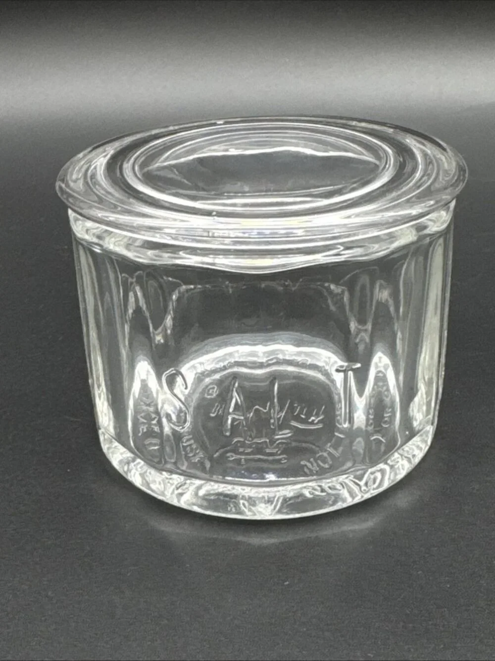VTG Anchor Hocking Fire King Clear Glass Lidded Salt Cellar Jar Container USA